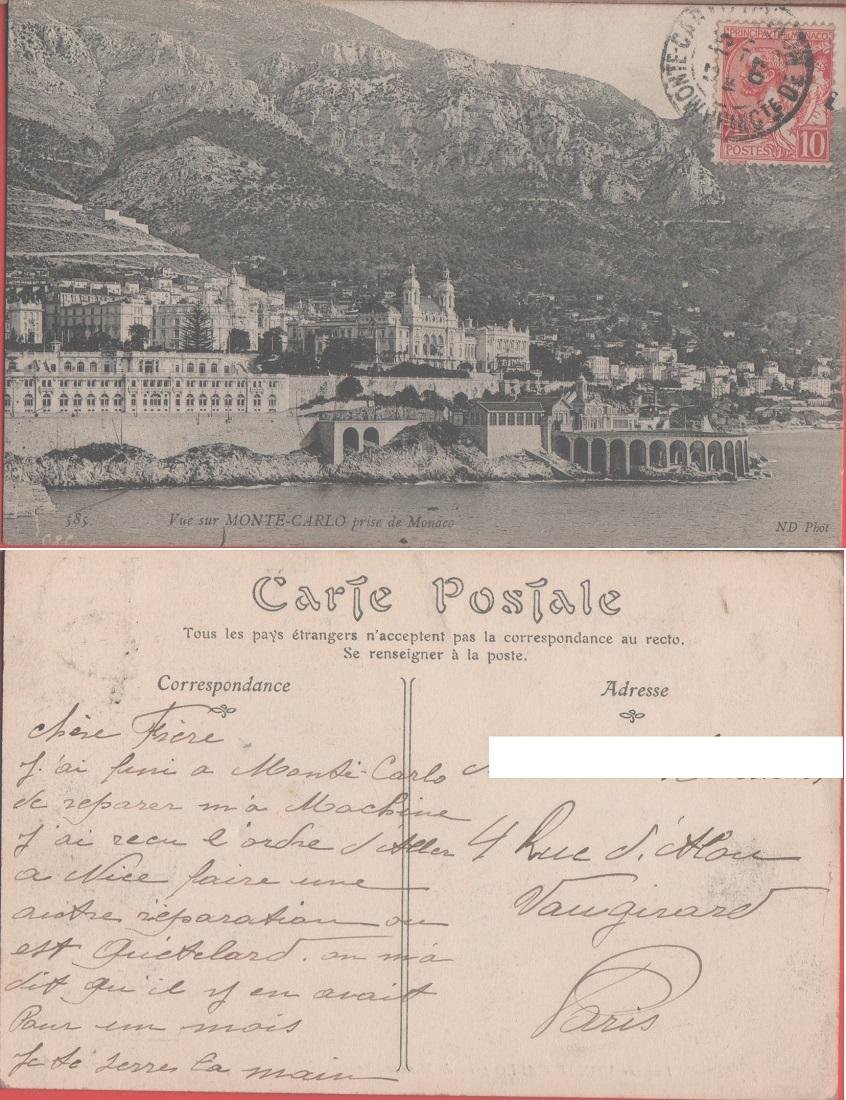 Monaco. Vue su Monte-Carlo prise de Monaco . Viaggiata 1907 | Immagine principale