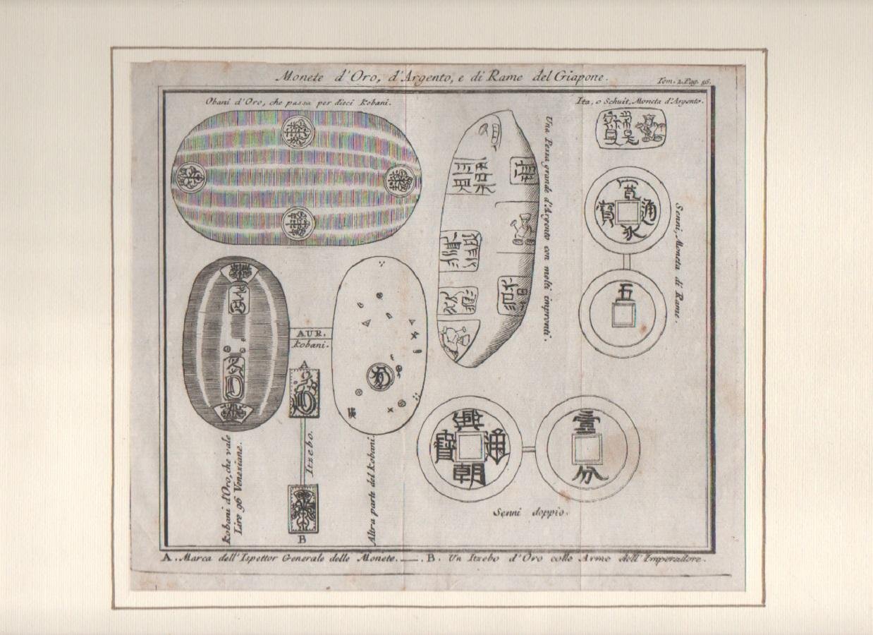 Monete d'oro, d'argento, e di rame del Giapone. stampa 1738 | Immagine principale