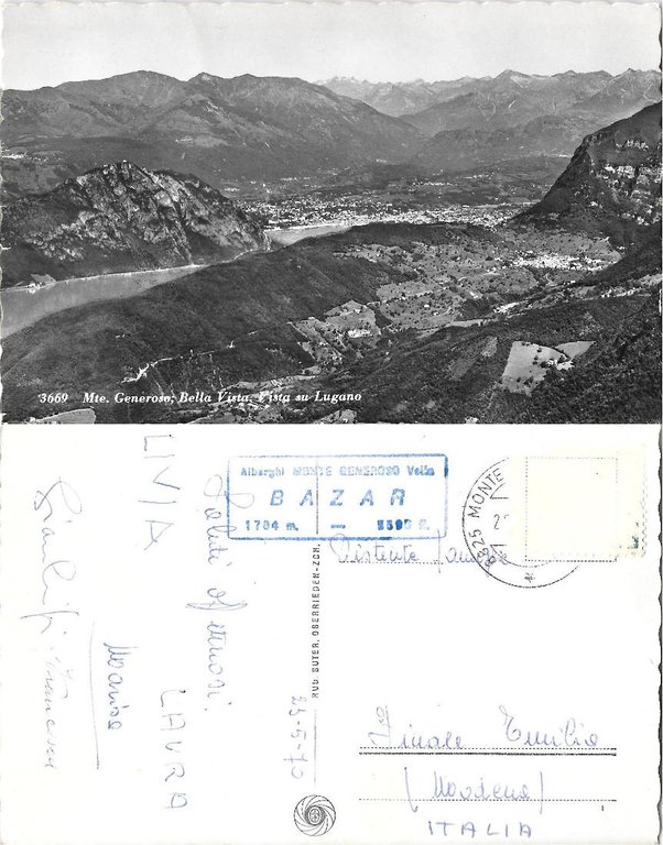 Monte Generoso, Bella Vista. Vista su Lugano. Viaggiata 1970