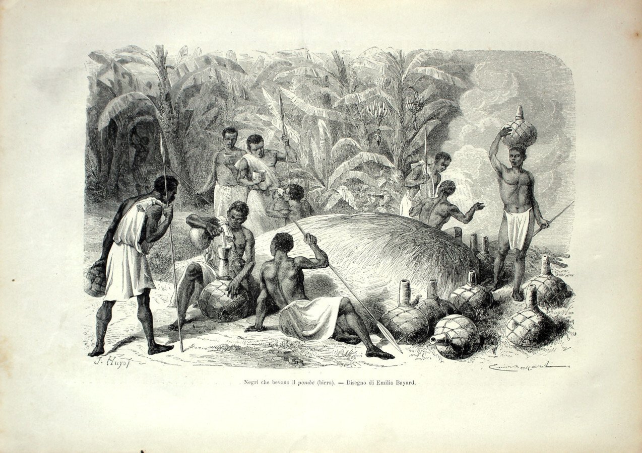 Negri che bevono il pombé (birra). Uganda. Stampa 1864 | Immagine principale