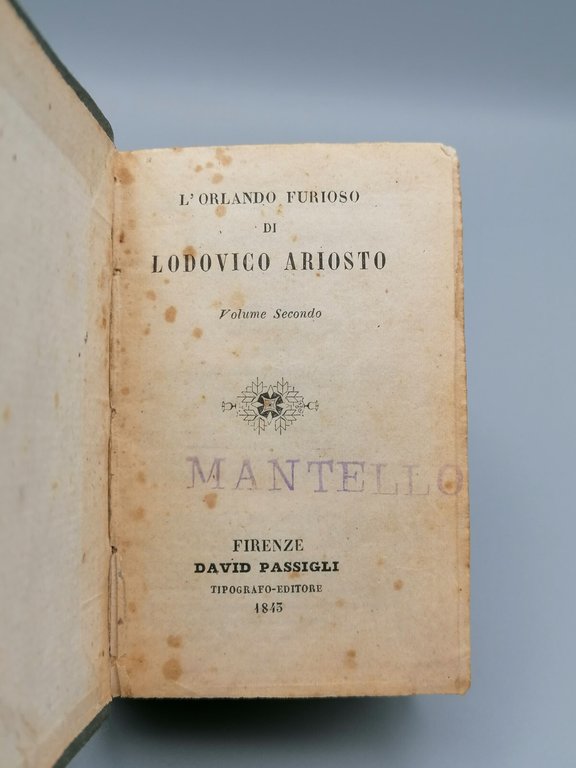 Orlando Furioso Libro Antico Ludovico Ariosto Passigli 1843 Volume Secondo …