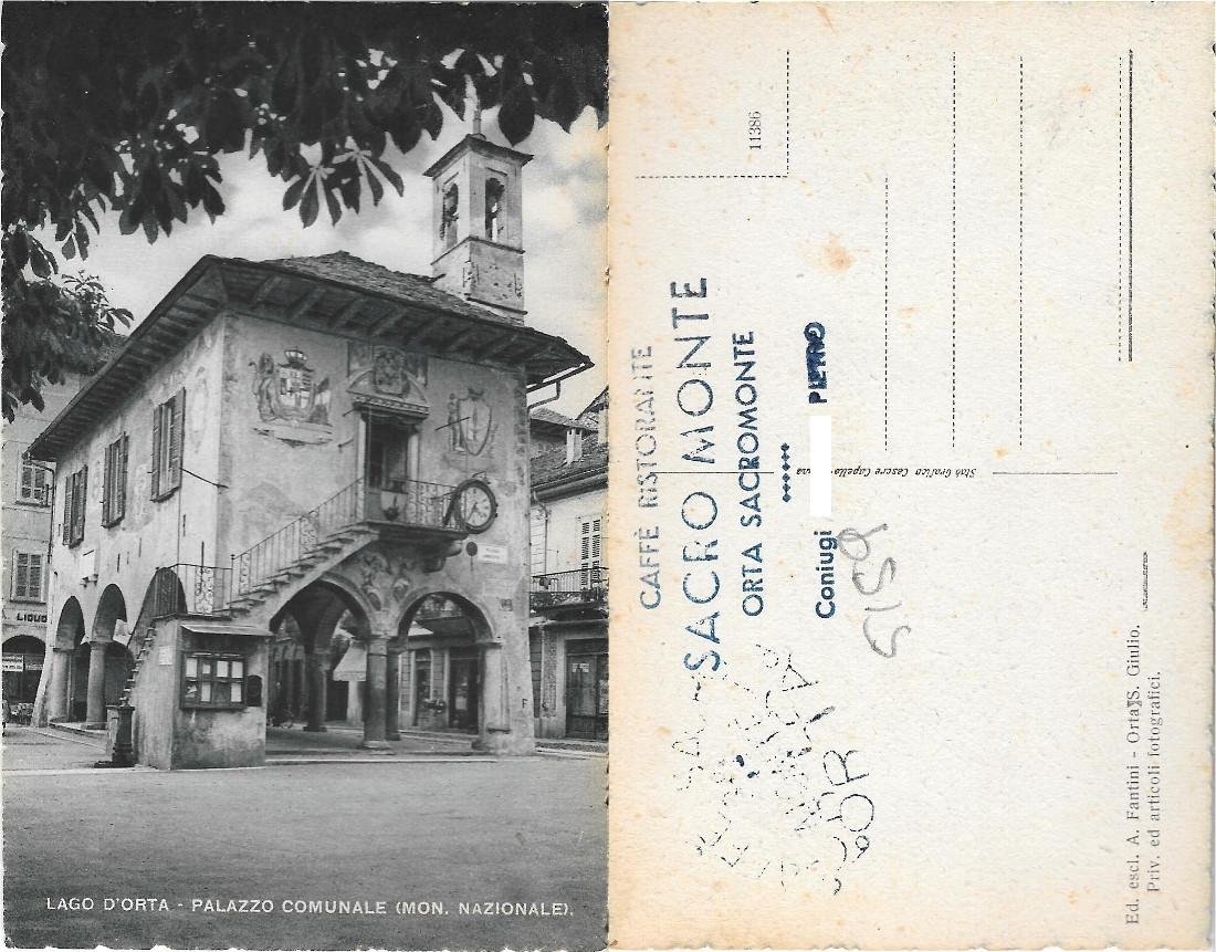 Orta. Palazzo Comunale. Timbro caffe Sacro Monte. Non viaggiata | Immagine principale