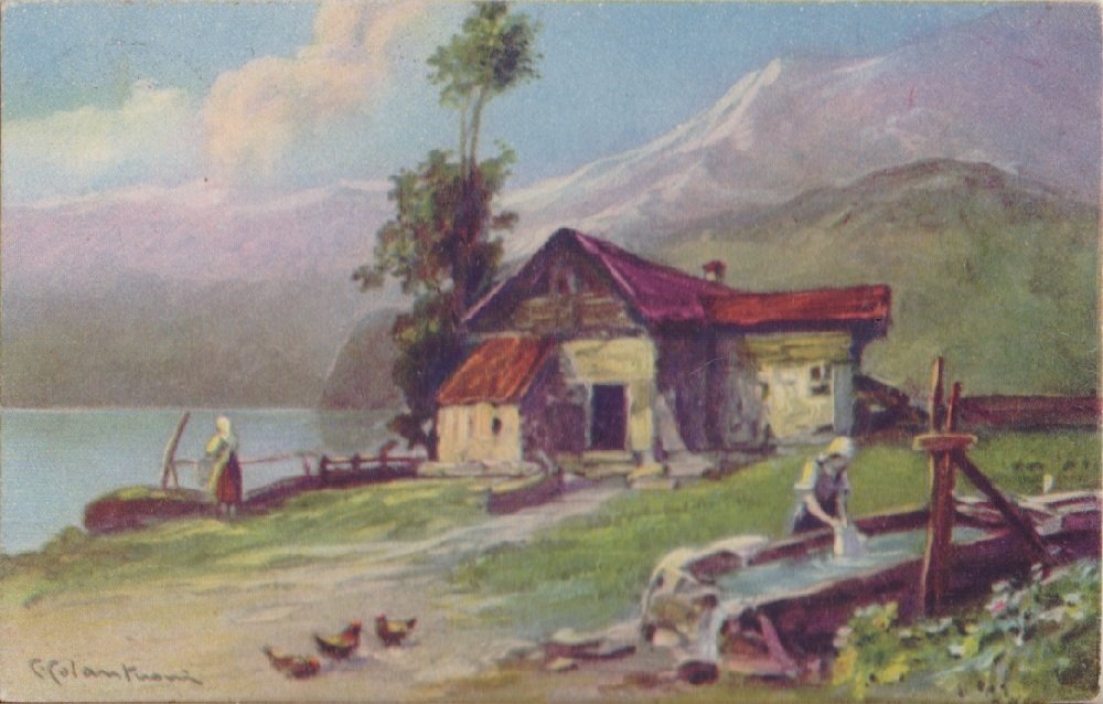 Paesaggio montano con lavatoio. Viaggiata 1937 | Immagine principale