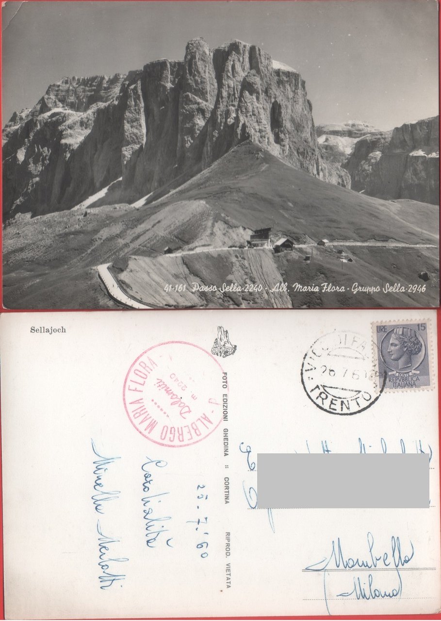 Passo Sella. Alb. Maria Flora. Gruppo Sella. Viaggiata 1960 | Immagine principale
