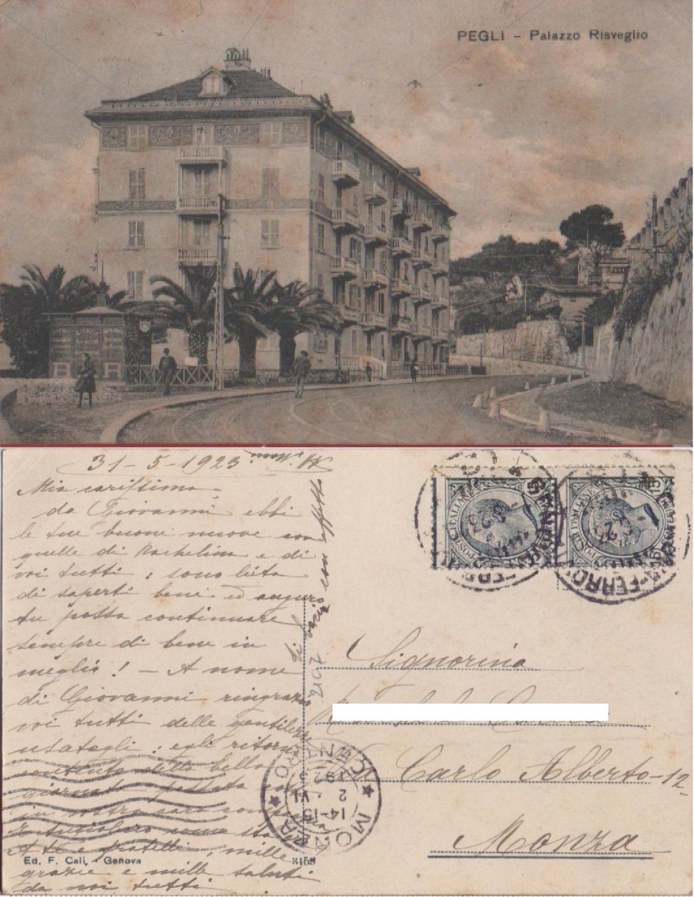 Pegli (GE). Palazzo Risveglio. Viaggiata 1923 | Immagine principale