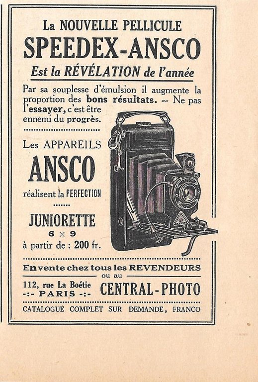 Pellucule Speedex-Ansco. Appareils Ansco. Pubblicita 1923