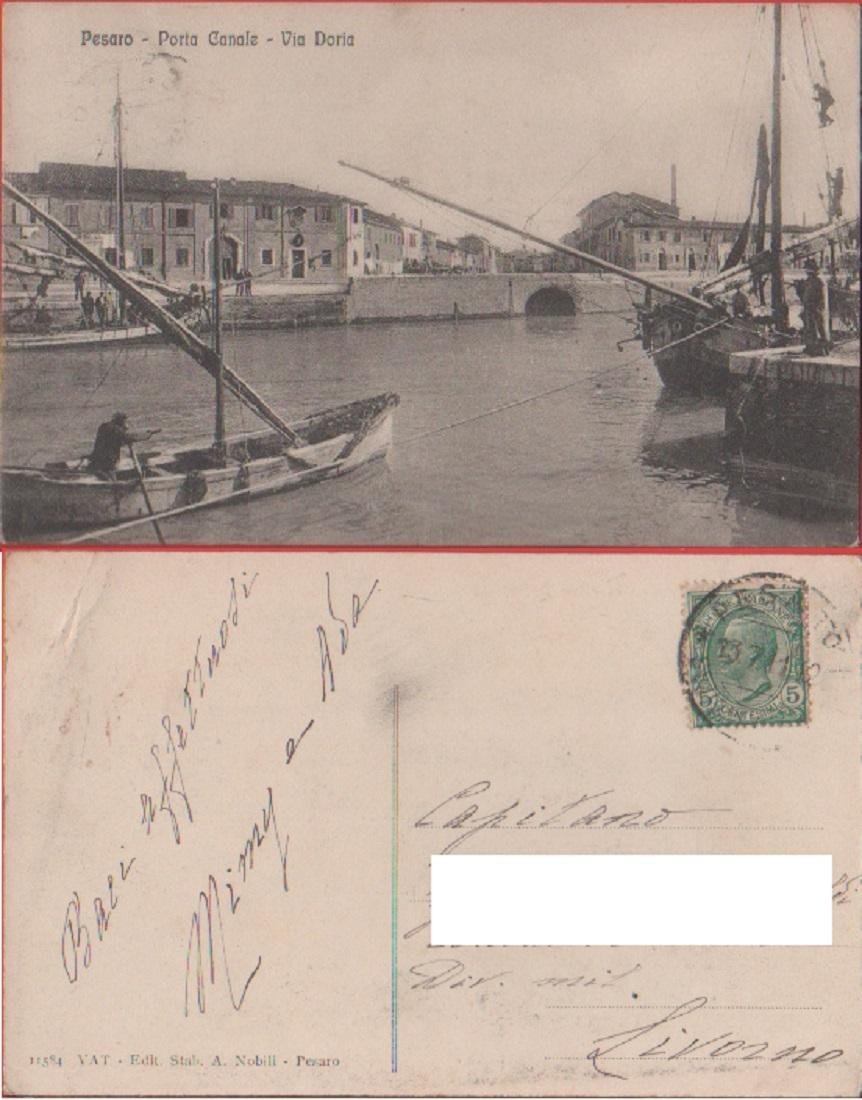Pesaro. Porto canale. Via Doria. Viaggiata 1911. Animata, barche | Immagine principale