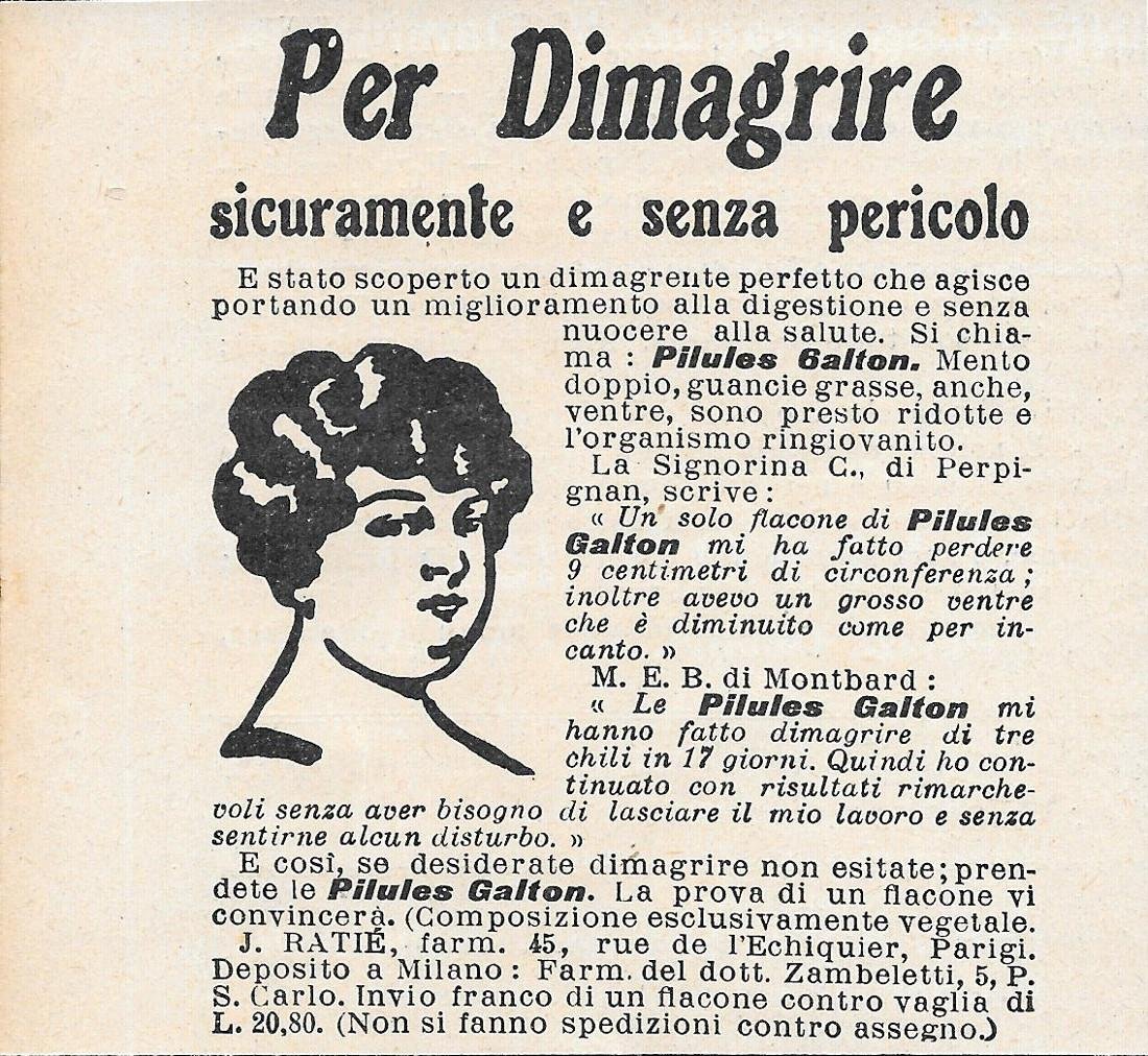 Pilules Galton per dimagrire. Advertising 1923 | Immagine principale