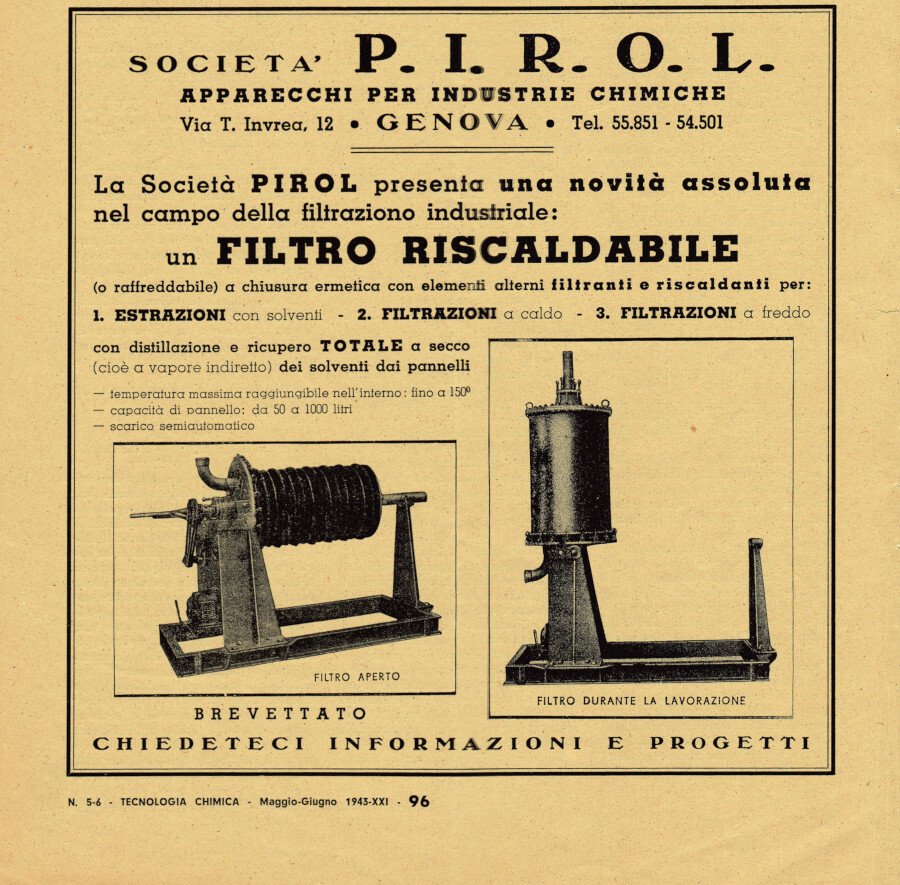 PIROL Genova. Apparecchi per le industrie chimiche. Advertising 1943 | Immagine principale