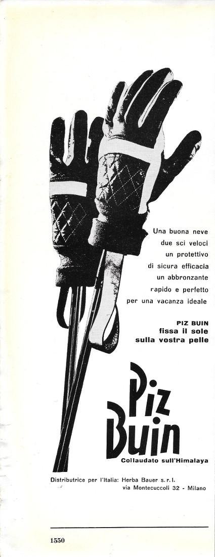 Piz Buin fissa il sole sulla vostra pelle. Advertising 1963 | Immagine principale