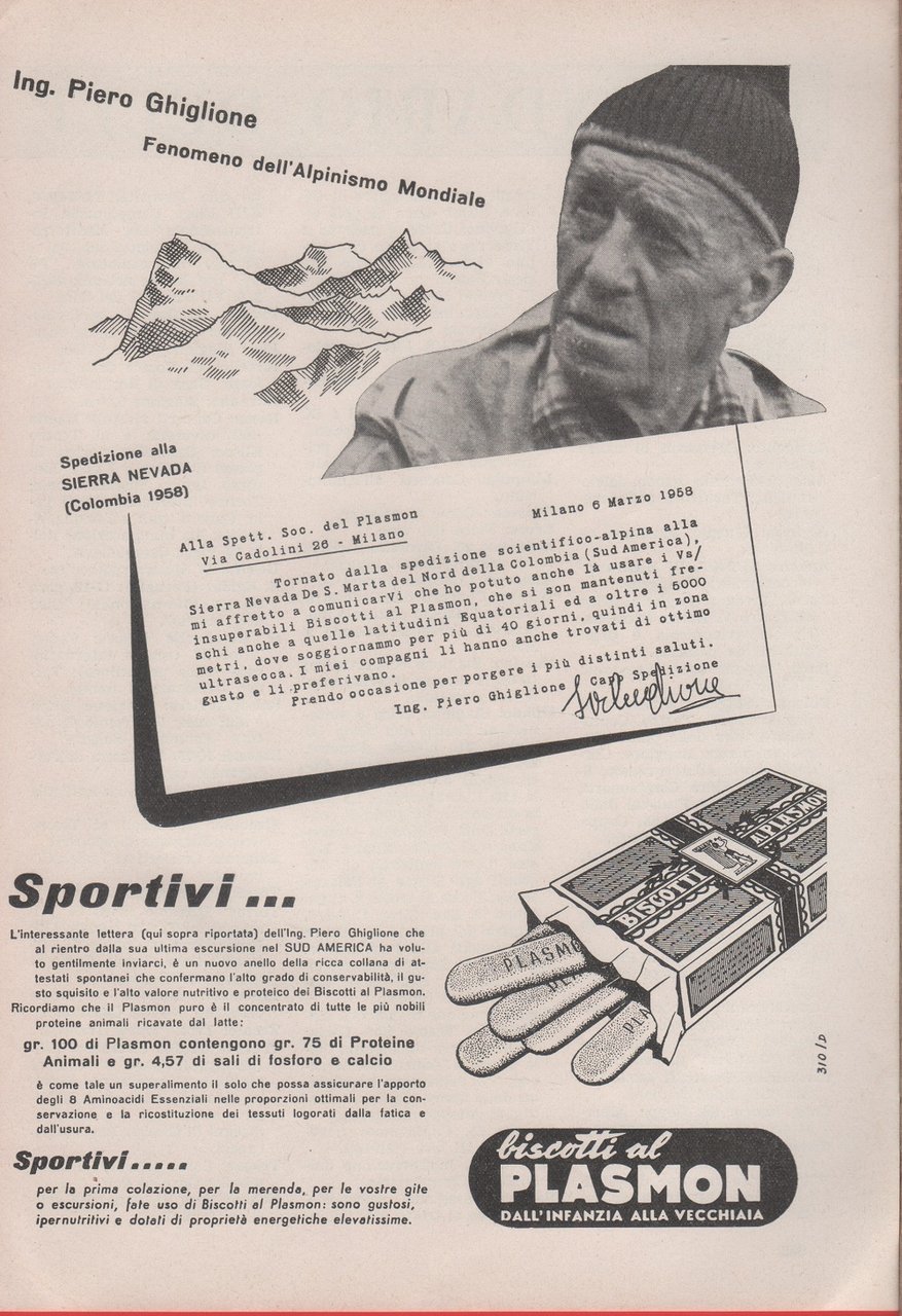 Plasmon. Piero Ghiglione spedizione Sierra Nevada. Advertising 1958 | Immagine principale
