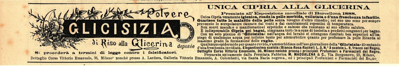 Polvere Glicisizia di riso alla glicerina. Advertising 1889 | Immagine principale