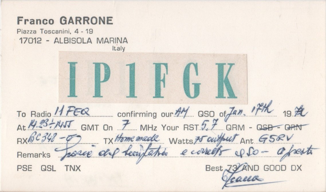 Radio Card. Albisola marina (SV) 1972. IP1FGK - Franco Garrone | Immagine principale