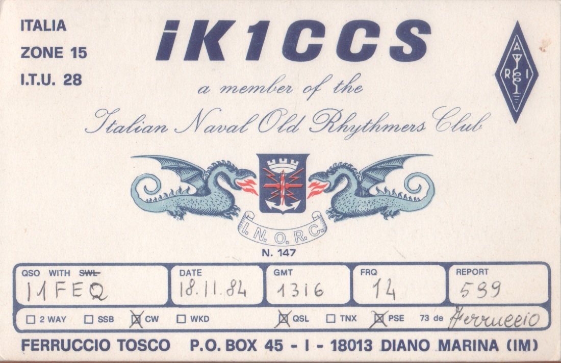 Radio Card. Diano Marina (IM) 1984. IK1CCS - Ferruccio Tosco | Immagine principale