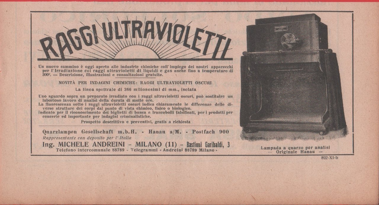 Raggi ultravioletti. Ditta Michele Andreini, Milano. Advertising 1926 | Immagine principale
