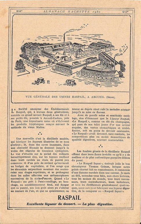 Raspail. Execellente liqueur de dessert, le plus digestive. Pubblicita 1930