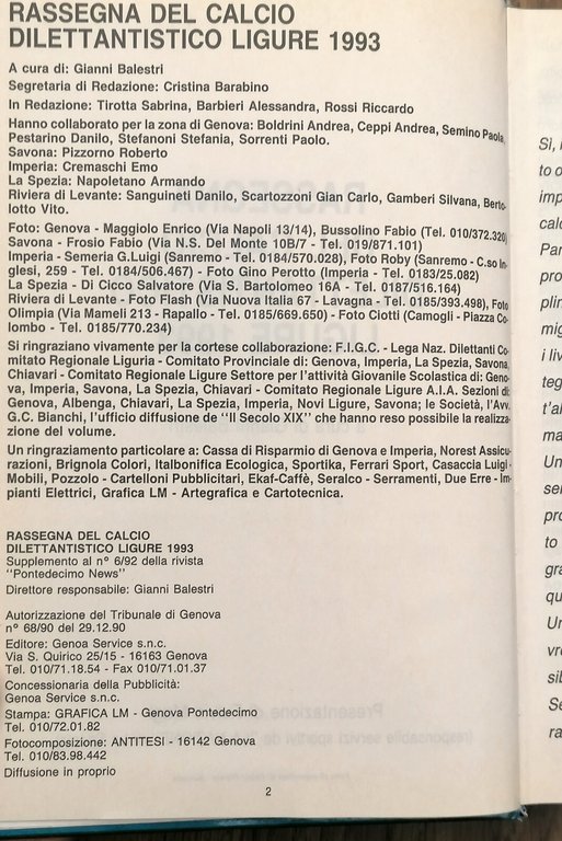Rassegna Del Calcio Dilettantistico Ligure 1993 Libro Gianni Balestri Raro