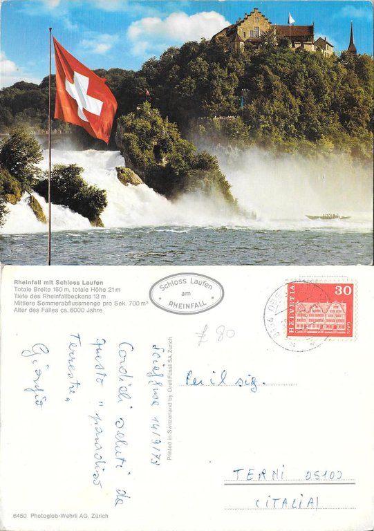 Rheinfall mit Schloss Laufen. Viaggiata 1973