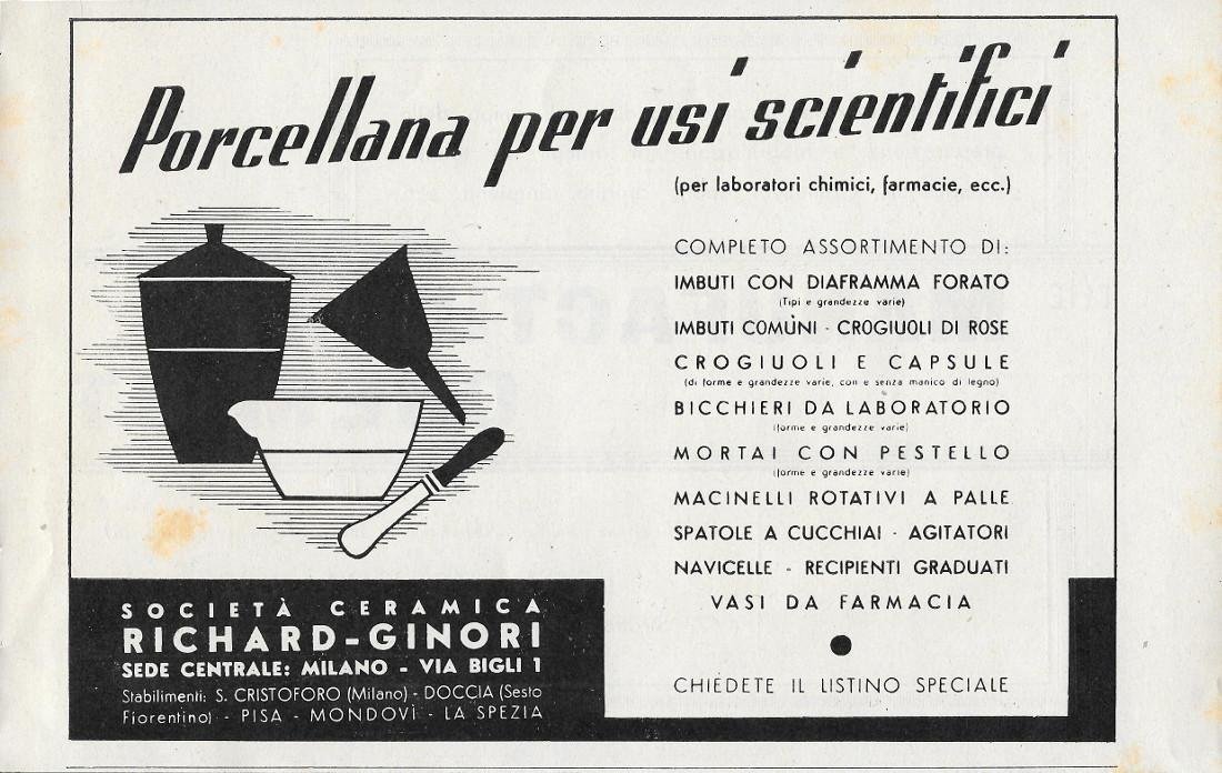 Richard-Ginori. Porcellana per usi scientifici. Advertising 1939 | Immagine principale