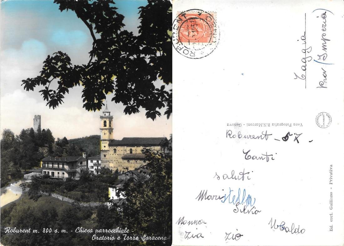 Roburent (CN). Chiesa Parrocchiale, oratorio e torre saracena Viaggiata 1957 | Immagine principale