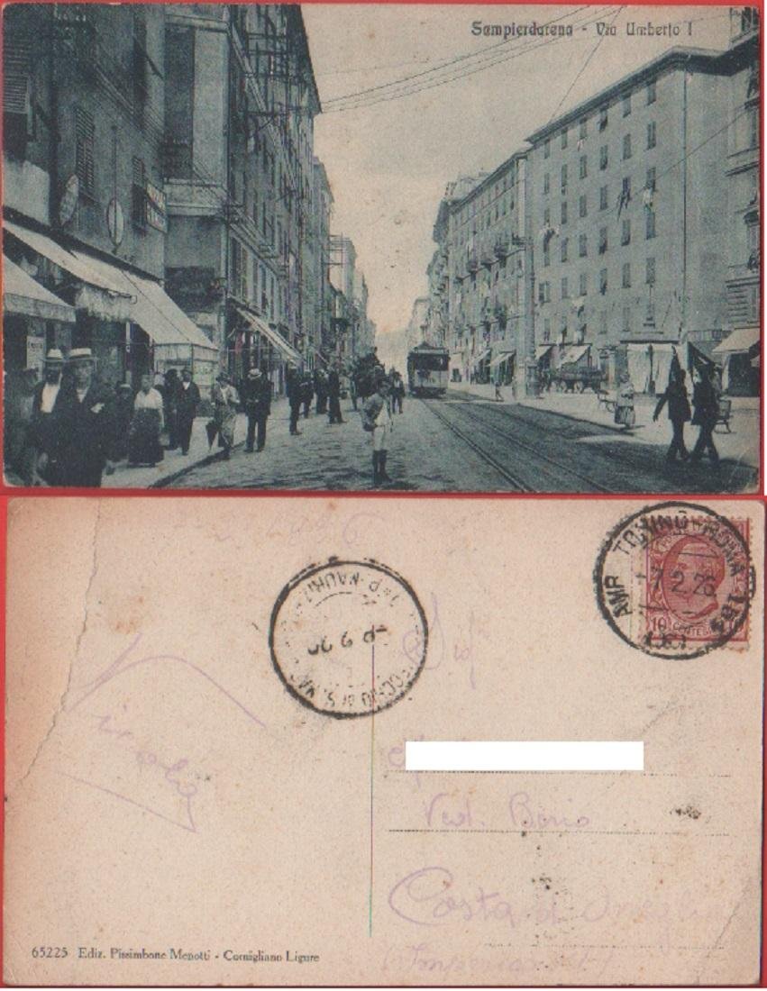 Sampierdarena (GE). Via Umberto I. Viaggiata 1926. Animata, tram | Immagine principale