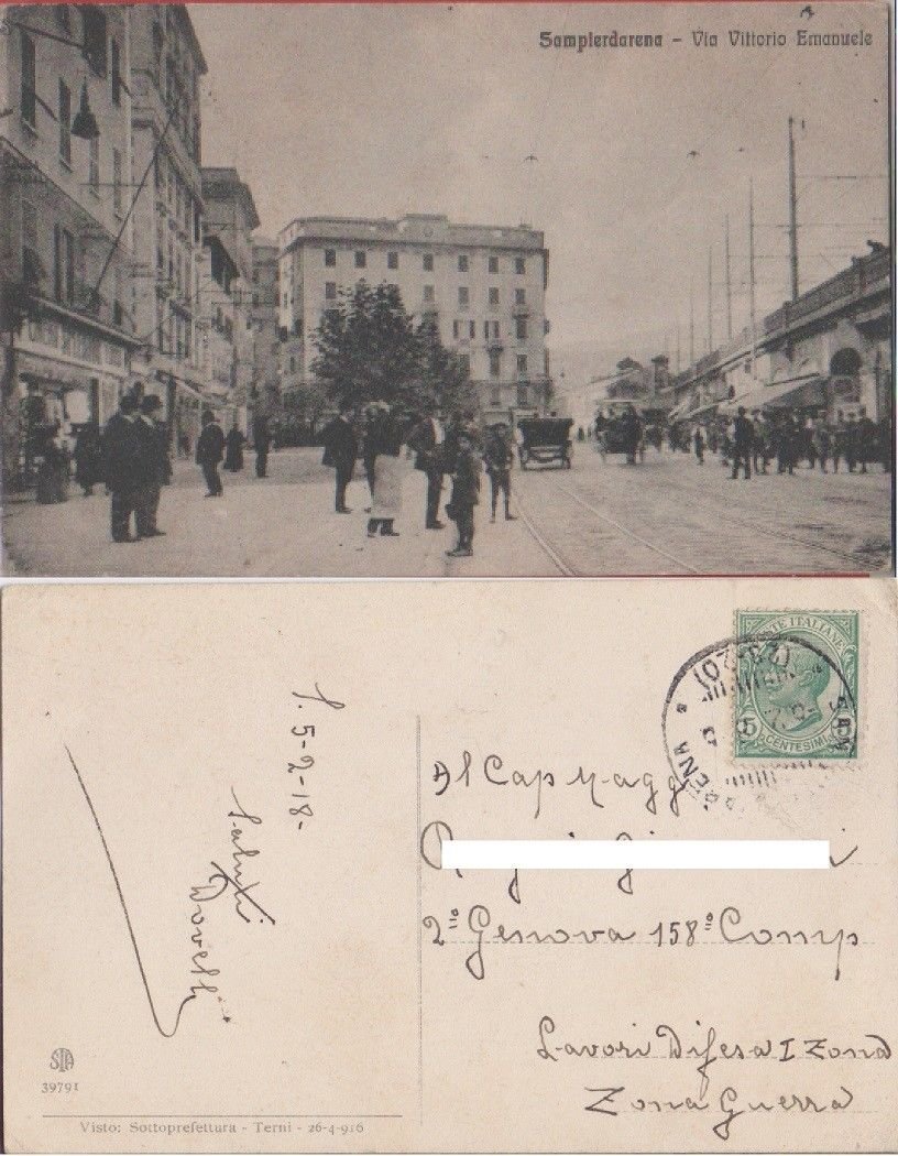 Sampierdarena. Via Vittorio Emanuele. Carrozze. Viaggiata zona guerra 1918 | Immagine principale