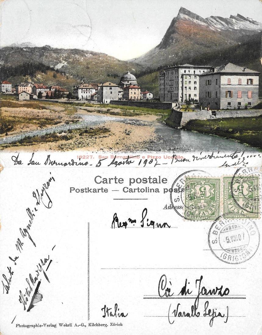 San Bernardino e Pizzo Uccello. Viaggiata 1907, colorata | Immagine principale