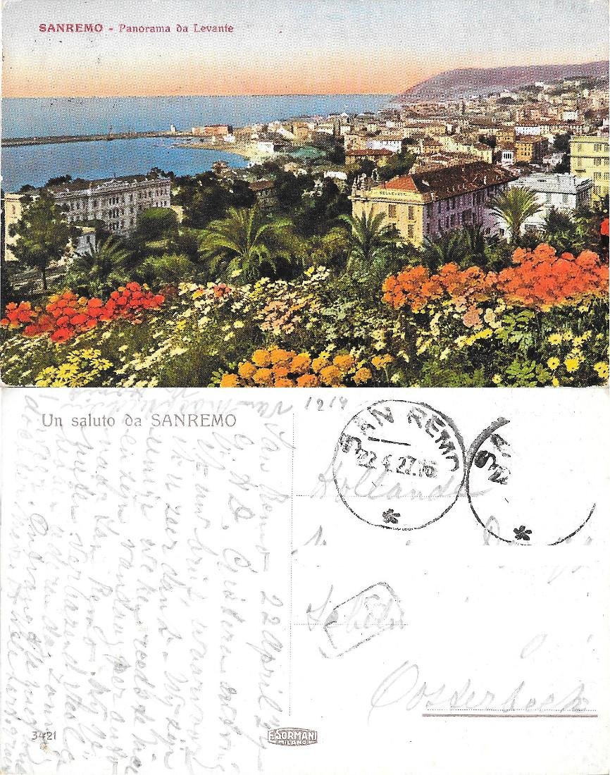 Sanremo. Panorama da Levante. Ed. E. Sormani. Viaggiata 1927 | Immagine principale