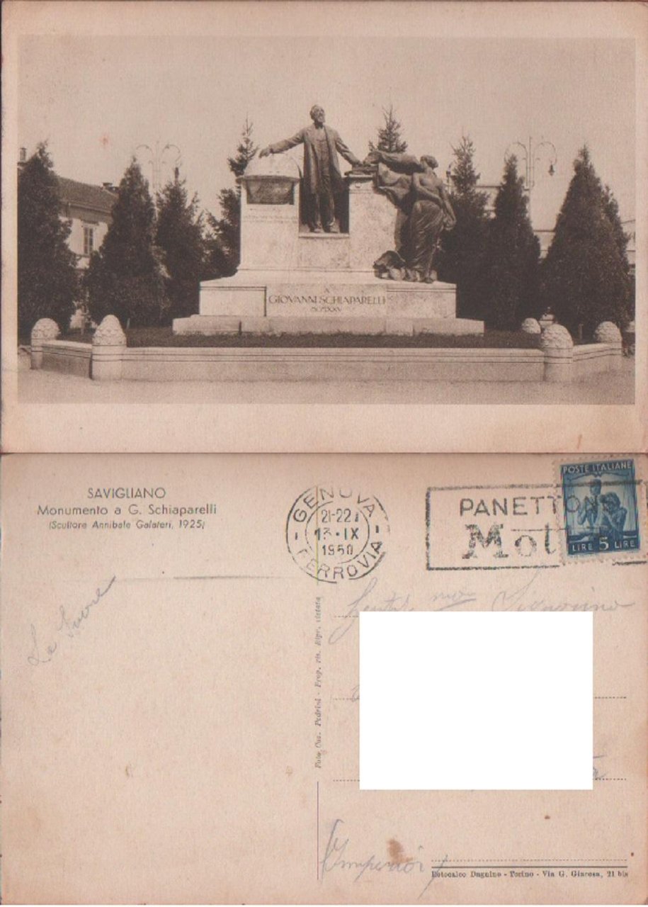 Savigliano. Monuumento a G. Schiaparellli. Viaggiata. 1950 | Immagine principale