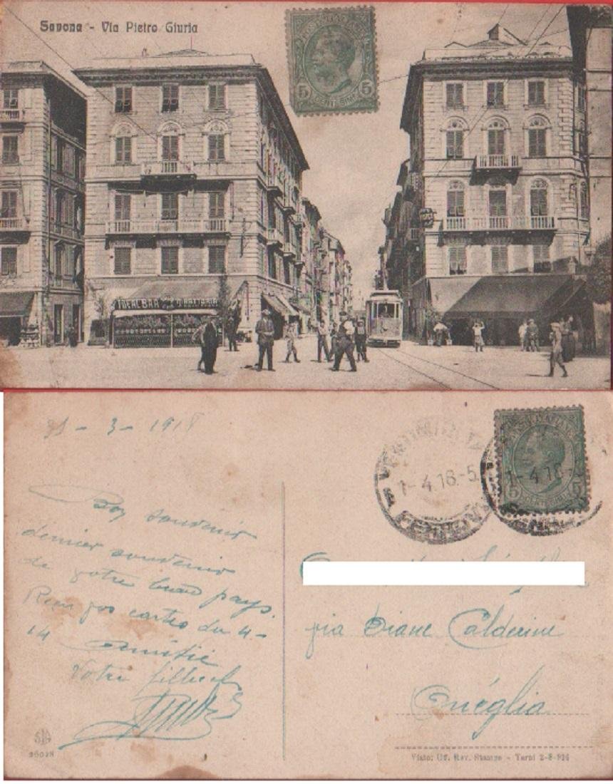 Savona. Via Pietro Giura. Viaggiata 1918. Animata, tram | Immagine principale
