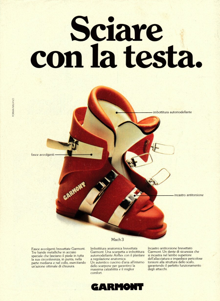 Scarponi Garmont. Sciare con la testa. Advertising 1976 | Immagine principale