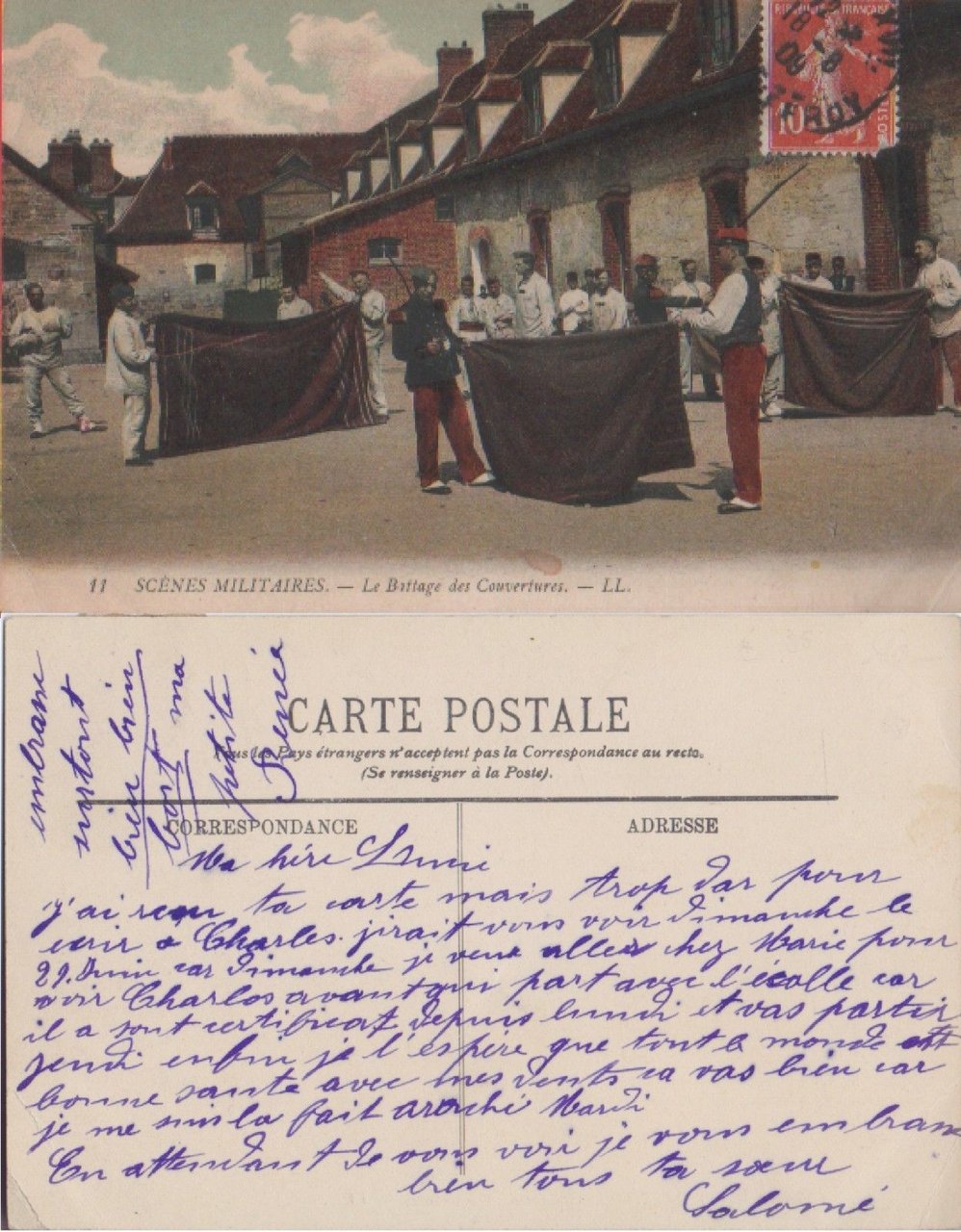 Scenes militaires. Le battage des couvertures. Viaggiata 1909 | Immagine principale