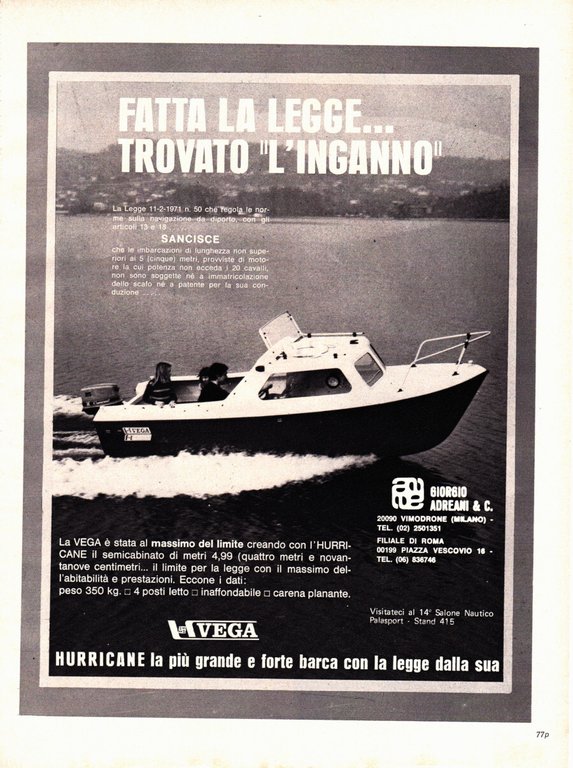 Semicabinato Hurricane Vega. Advertising 1974 | Immagine Gallery 2