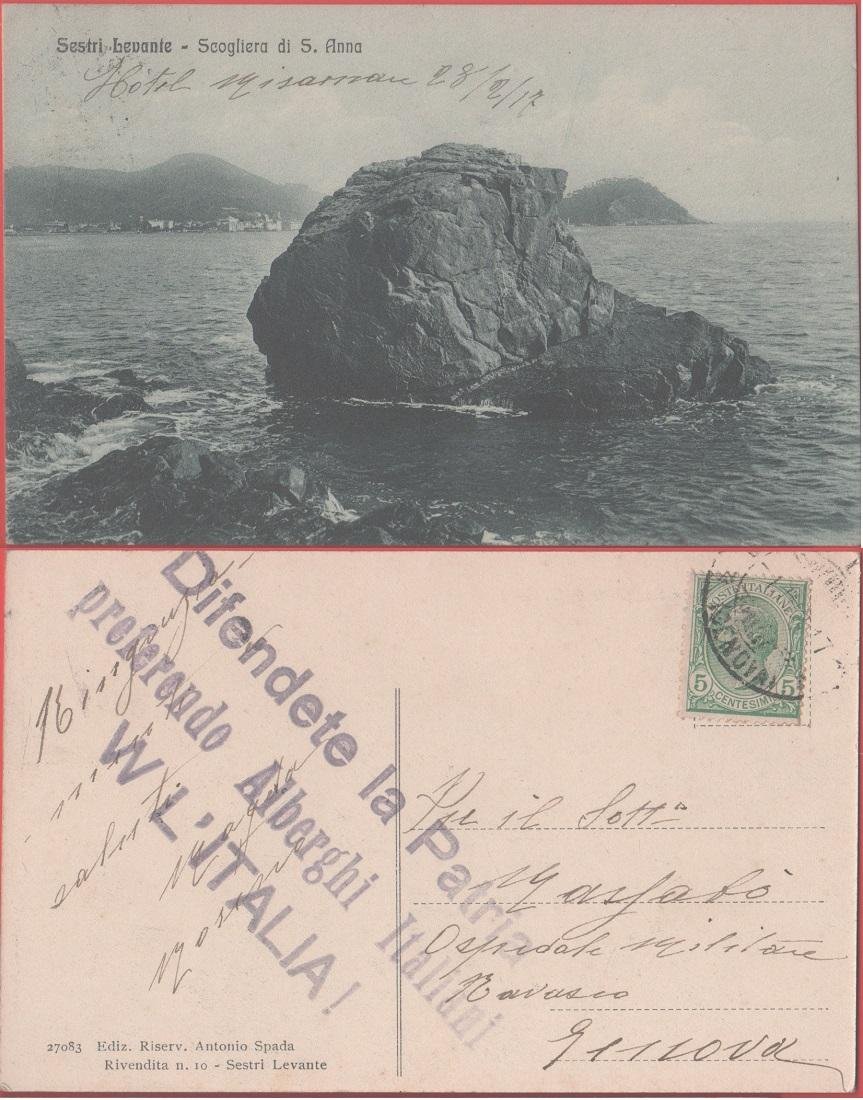 Sestri Levante. Scogliera di S. Anna. Viaggiata 1917 | Immagine principale
