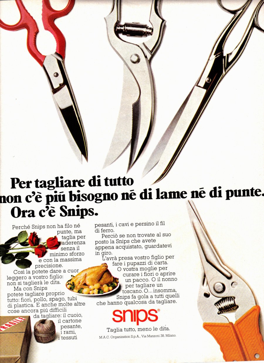 Snips, taglia tutto meno le dita. Advertising 1974 | Immagine principale