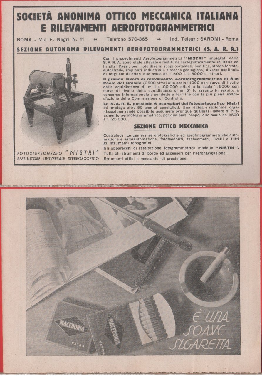 Società Anonima Ottico Meccanica Italiana / Sigarette Macedonia. Advertising 1937 | Immagine principale