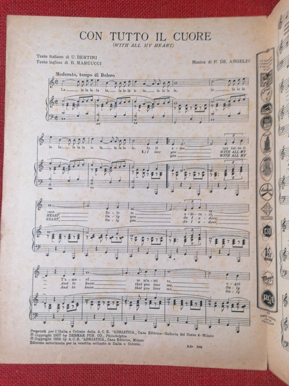 Spartito CON TUTTO IL CUORE Betty Curtis Bertini Marcucci De …