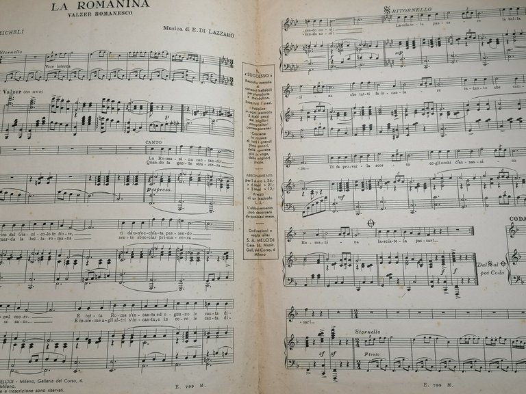 SPARTITO MUSICALE - LA ROMANINA Micheli/Di Lazzaro (1938) Valzer Romanesco