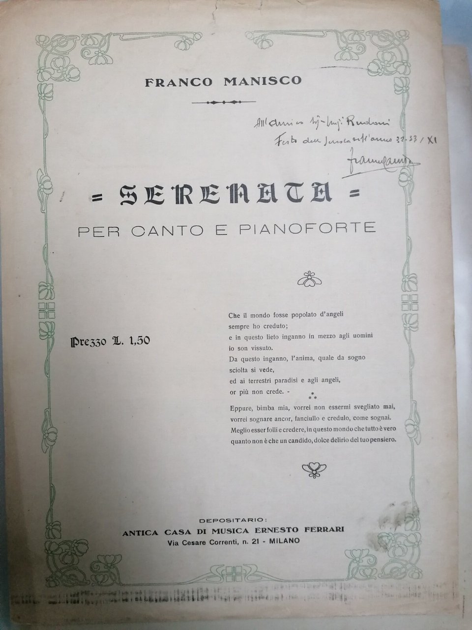 Spartito per canto e pianoforte - SERENATA di Franco Manisco … | Immagine principale