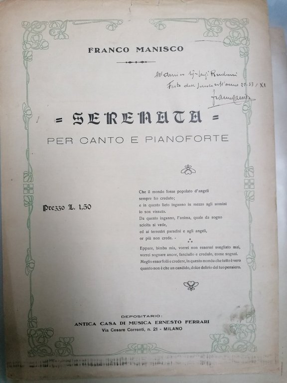 Spartito per canto e pianoforte - SERENATA di Franco Manisco … | Immagine Gallery 2