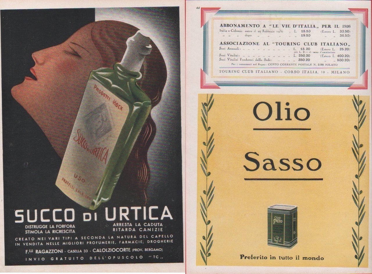 Succo di Urtica / Olio Sasso. Advertising 1937 | Immagine principale