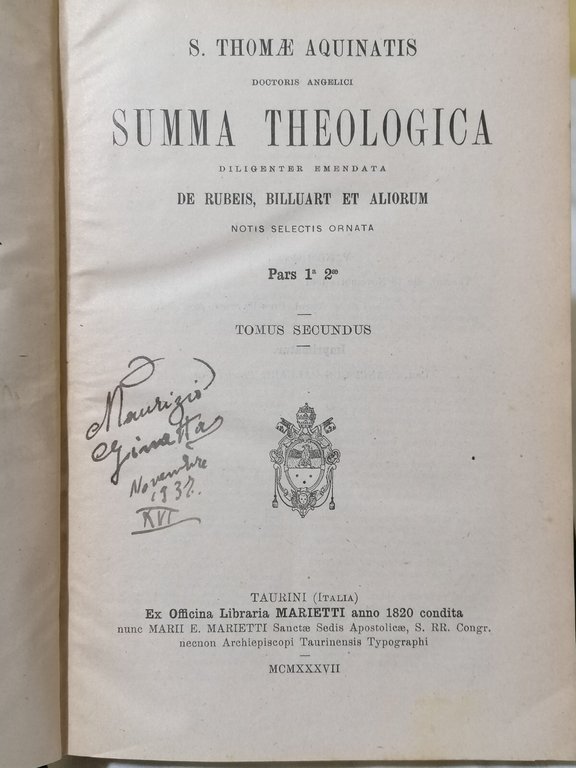 Summa Theologica S. Thomae Aquinatis Marietti 1937 De Rubeis Billuart …