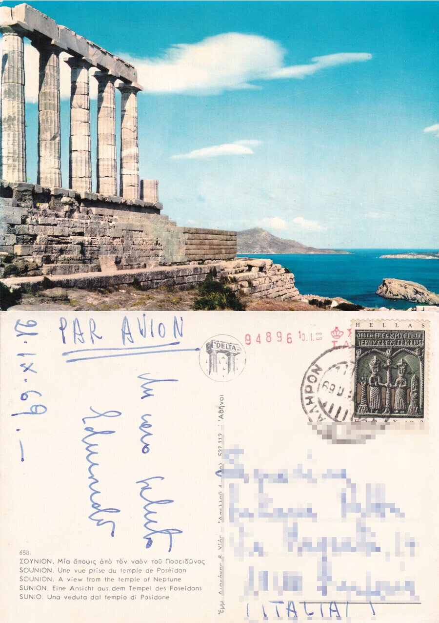 Sunio. Una veduta del tempio di Posidone - Viaggiata 1969 | Immagine principale
