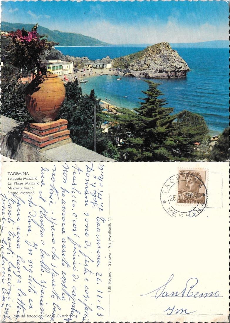 Taormina. Spiaggia Mazzarò. Viaggiata 1963 | Immagine principale