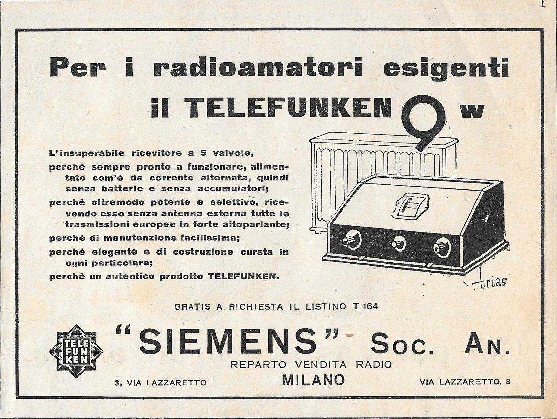 Telefunken 9w. Siemens. Advertising 1929 | Immagine principale