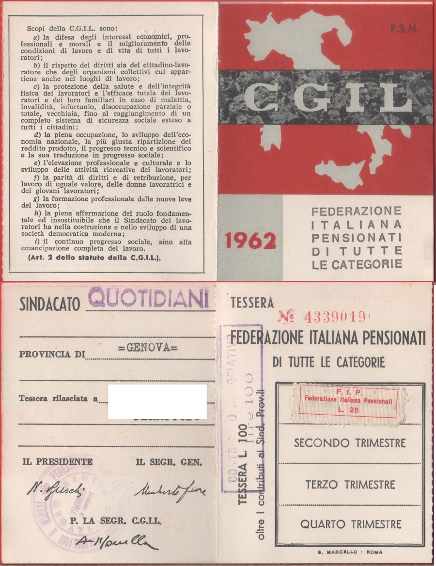 Tessera CGIL Pensionati 1964 | Immagine principale