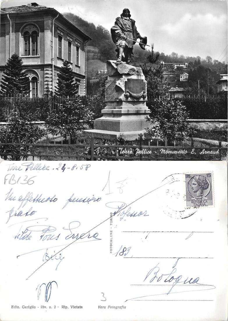Torre Pellice. Monumento E. Arnaud. Viaggiata 1958 | Immagine principale