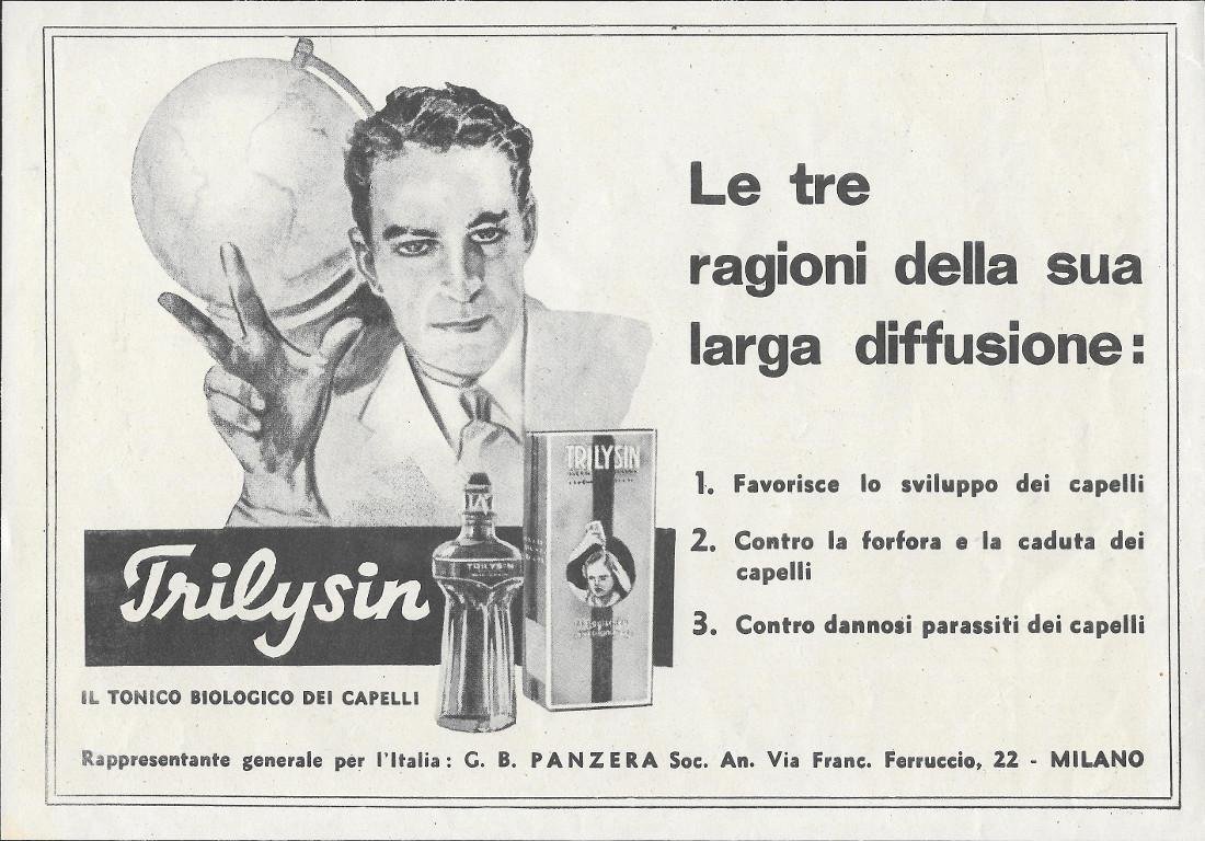 Trilysin, il tonico biologico per capelli. Advertising 1943 | Immagine principale