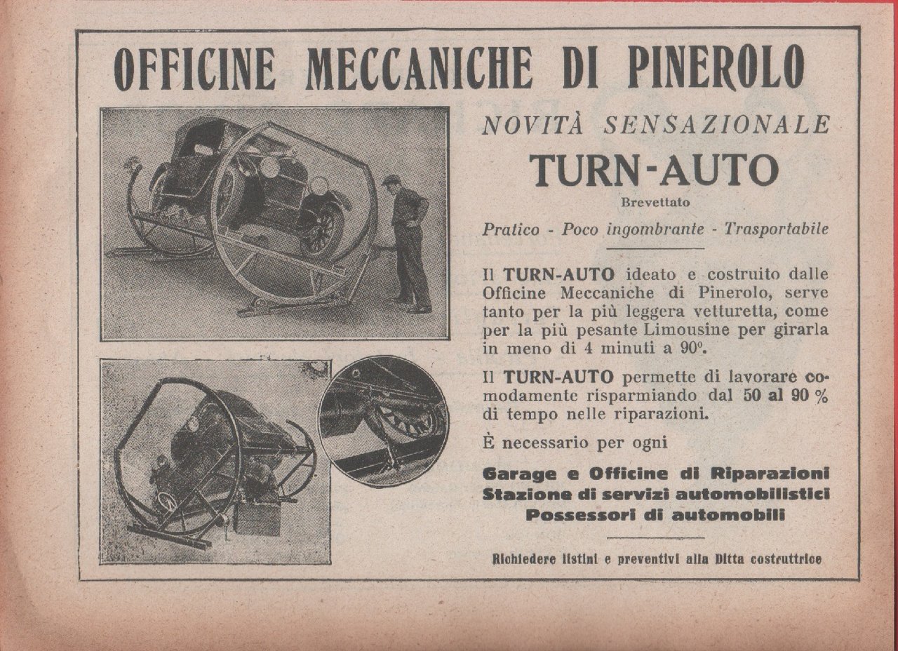 Turn-Auto. Officine Meccaniche di Pinerolo. Advertising 1924 | Immagine principale