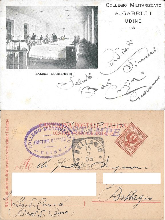 Udine. Collegio Militarizzato A. Gabelli. Salone Dormitorio. Viaggiata1905 | Immagine Gallery 2